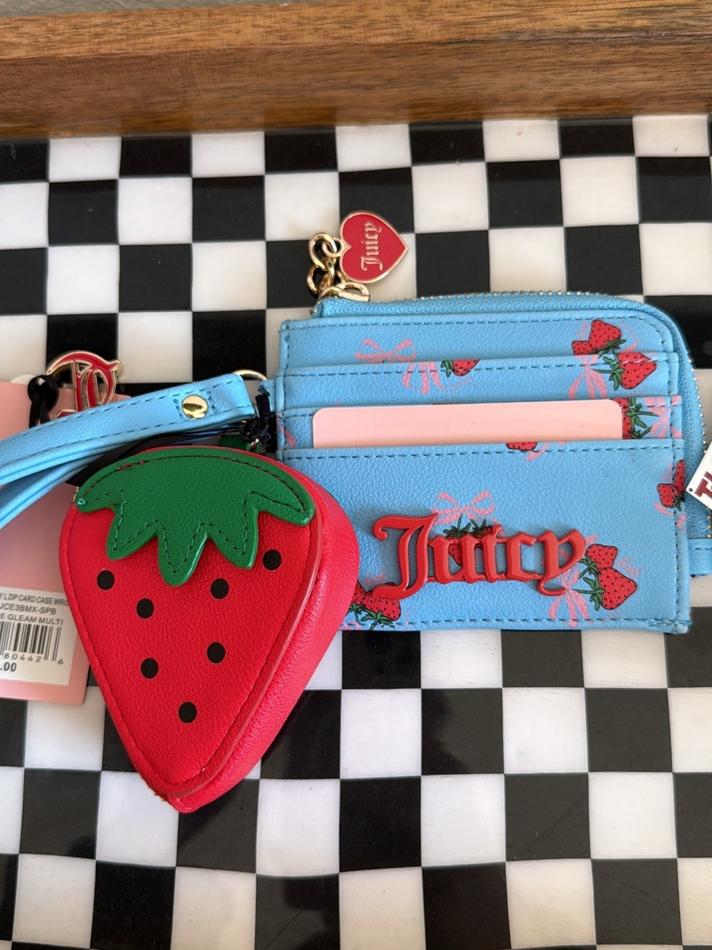 Juicy Couture Blue Strawberry Cardholder Wristlet with Red Strawberry Coin Pouch